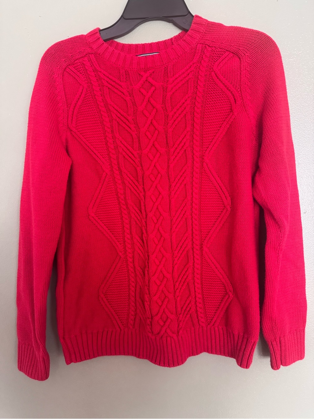 Lands End Cable Knit Sweater Womens L Red Fisherman Classic USA Preppy
